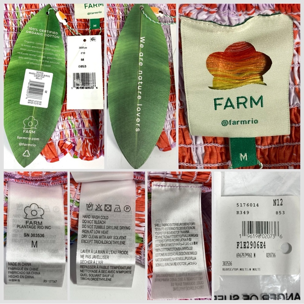 Farm Rio Mixed Print Smocked Cotton Crop Top Puff Sleeve Medium NWT - Picture 12 of 12